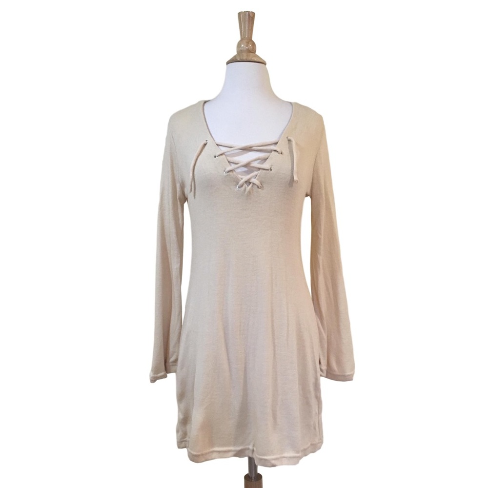Lace Up V Neck Bell Sleeve Knit Sweater Dress Sand Beige - Picture 1 of 4